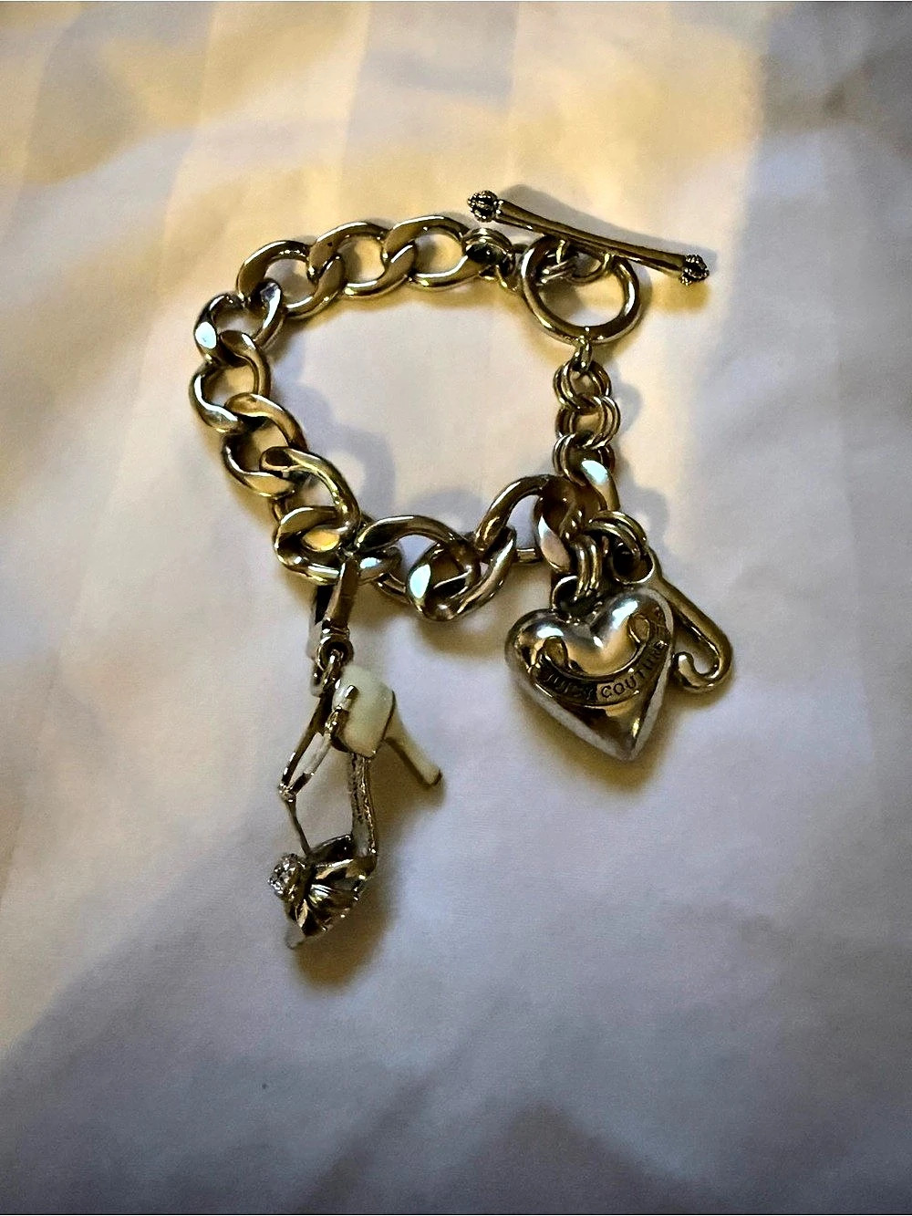 Juicy Couture Vintage Silver-Tone Charm Bracelet with Puffy Heart and High Heel